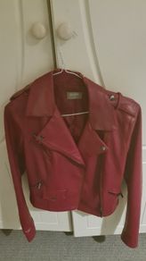 Oasis Red Faux Leather Biker Jacket - Size XS (Minor Collar Flaw)