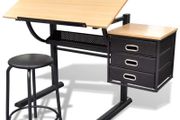 Tiltable Tabletop Drawing Table with Stool and 3 Drawers