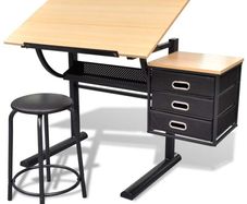 Tiltable Tabletop Drawing Table with Stool and 3 Drawers