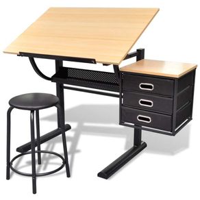 Tiltable Tabletop Drawing Table with Stool and 3 Drawers