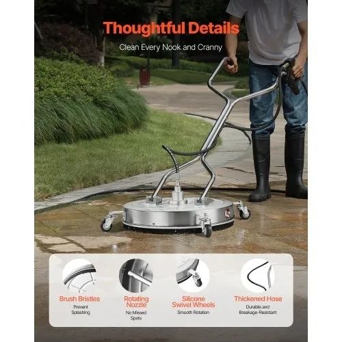 24" Pressure Washer Surface Cleaner, Stainless Steel Pressure Washer Attachments with 4 Wheels, 4000 Max PSI, 3/8 Quick Connector, 2 Spray Nozzles, Dual Handle, for Concrete, Patio, Sidewalk