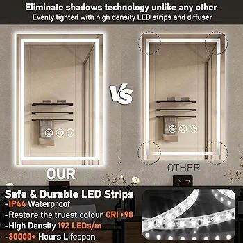 LED Bathroom Wall Mirror with LED Lights  Anti-Fog Vanity Mirror, 3-Color Dimmable Frontlit Illumination for Makeup, Wall Mounted Bathroom Lighting