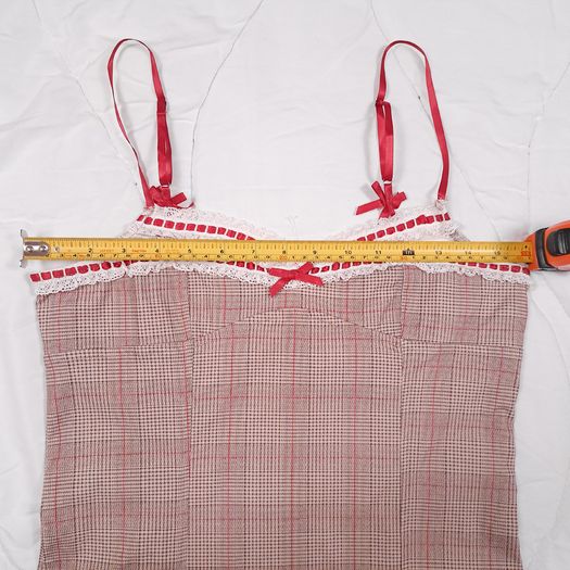Kimchi Urban Outfitters Beige Red Plaid Lace Trim Bow Lexi Check Mini Dress Size M