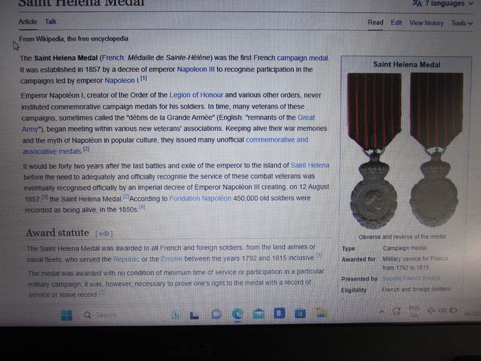 France.St Helena Campaign Medal.Napoleonic Wars..Est 1857.Service 1792 to 1815.Army/Navy.