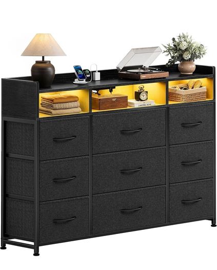 Chest of Drawers for Bedroom with LED and Charging Station, Black