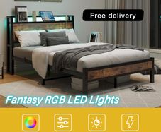 Double Size Bed Frame with Charging Station and LED Lights