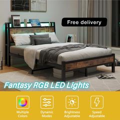 Double Size Bed Frame with Charging Station and LED Lights