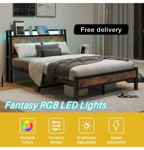 Double Size Bed Frame with Charging Station and LED Lights