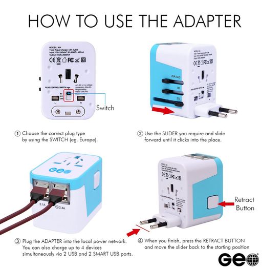 New GEO Smart Travel Adapter with 4 USB Charging Ports, All-In-One Universal Plug / Safe Wall Charger with USB Surge Protection - 1 YEAR GUARANTEE