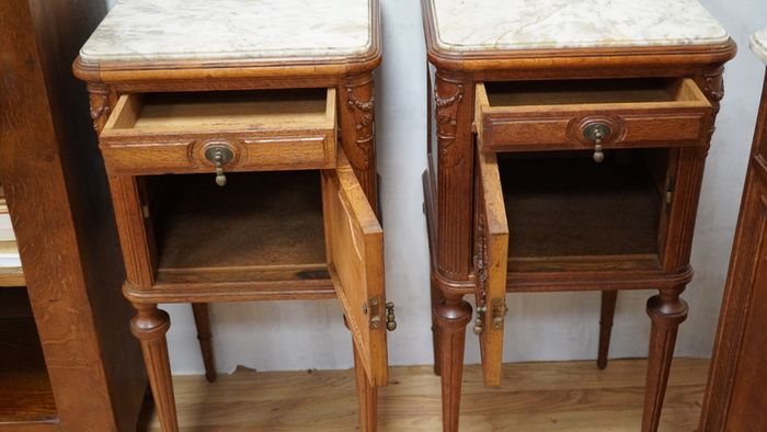 Pair of Antique French Oak Marble-Top Bedside Cabinets