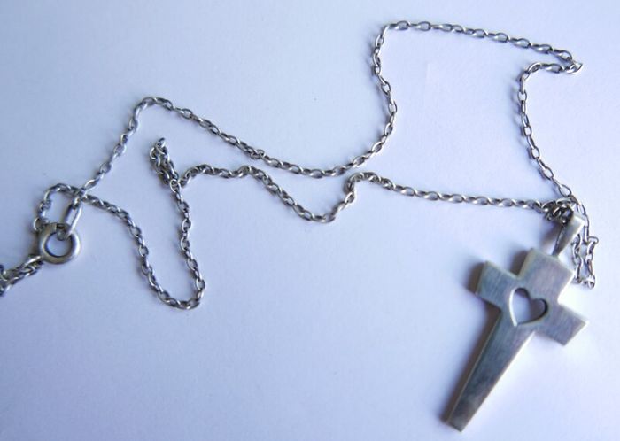 Vintage 925 Sterling Silver Cross Pendant with Heart Cutout on Chain