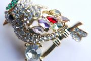 Vintage Tiny Colorful Bird Brooch, Small Gold Bird Pin, Little Crystal Rhinestone Brooch