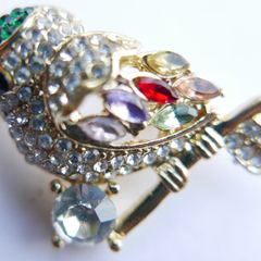 Vintage Tiny Colorful Bird Brooch, Small Gold Bird Pin, Little Crystal Rhinestone Brooch