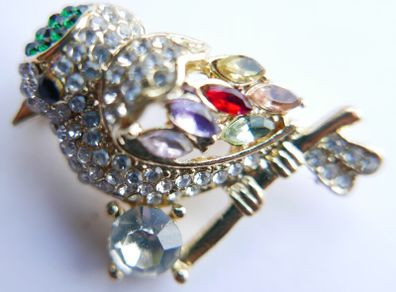 Vintage Tiny Colorful Bird Brooch, Small Gold Bird Pin, Little Crystal Rhinestone Brooch