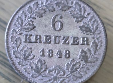 BADEN 6 Kreuzer  1848 Silver