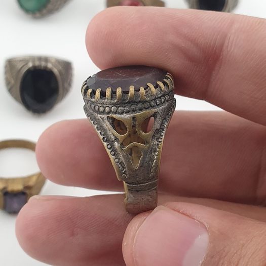 Antique Ring Lot of 15 Rustic Brass & Glass Jewellery