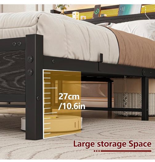 4ft6 Double Bed Frame with Storage Headboard&LED Lights,Black Metal Platform Bed Frame with Charging Station,Mattress Foundation,Metal Slat Support,No Box Spring Needed,Under-bed Storage