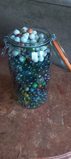 Antique collection of old marbles in large clip sealed jar it's full to the top loft find from very old house in France Beautiful