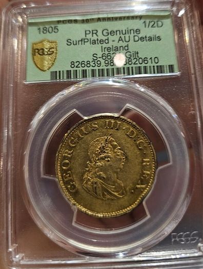 Ireland 1805 Proof 1/2d Halfpenny S-6621 Gilt Engrailed Edge PCGS AU Details