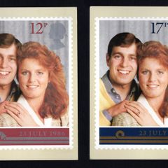 1986 Great Britain Royal Wedding of Prince Andrew and Miss Sarah Ferguson Commemorative Stamps PHQ Card used with linked stamps