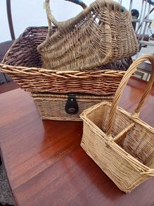 Selection of Vintage Wicker Hanper, Picnic , Wine Bottle, and Shopping Baskets