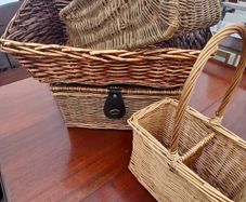 Selection of Vintage Wicker Hanper, Picnic , Wine Bottle, and Shopping Baskets