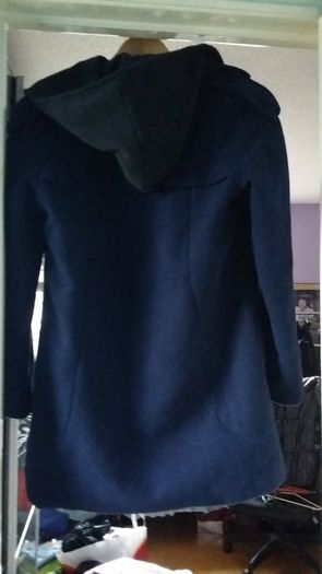 Blue jacket with detachable grey hood