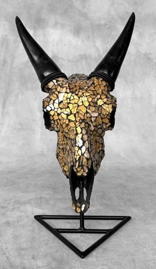 Mosaic-Embellished Real Goat Skull - Bone, Mosaic inlay