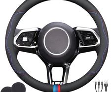 BMW Universal Steering Wheel Cover,Stylish Non-Slip Premium Leather Steering Wheel Cover for Steering Wheel with a Diameter of 14.5"-15" with 2 Coasters and 3-in-1 USB Charging Cable (Style B)