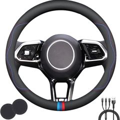 BMW Universal Steering Wheel Cover,Stylish Non-Slip Premium Leather Steering Wheel Cover for Steering Wheel with a Diameter of 14.5"-15" with 2 Coasters and 3-in-1 USB Charging Cable (Style B)