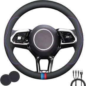 BMW Universal Steering Wheel Cover,Stylish Non-Slip Premium Leather Steering Wheel Cover for Steering Wheel with a Diameter of 14.5"-15" with 2 Coasters and 3-in-1 USB Charging Cable (Style B)