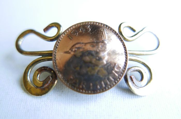 Vintage Twisted brass and Copper Foreign Coin Pin