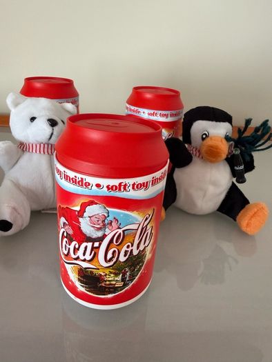Vintage Christmas Coca cola soft toys in can