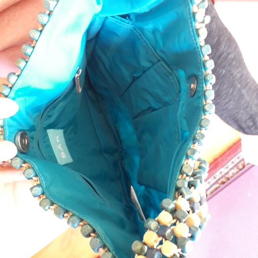 handbag - light blue with wooden beads