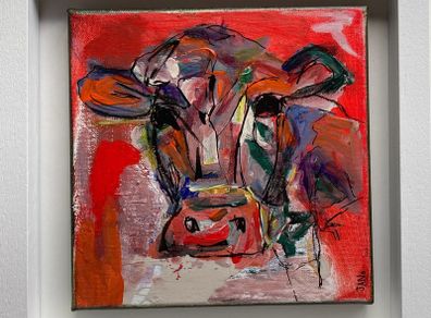 Framed Original Abstract Painting of Cow  Original Gift