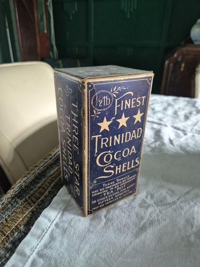 Antique Vintage Trindad cocoa shells cardboard packaging with product