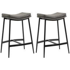 Breakfast Bar Stools Set of 2, Microfibre Upholstered Barstools, Industrial Bar Chairs with Curved Seat and Steel Frame for Dining Room, Kitchen, Grey