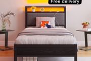 3ft Single Bed Frame with Storage Headboard,LED Lights,Metal Upholstered Platform Bed Frame with Charging