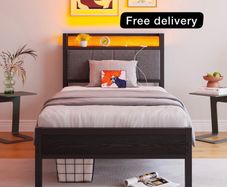 3ft Single Bed Frame with Storage Headboard,LED Lights,Metal Upholstered Platform Bed Frame with Charging