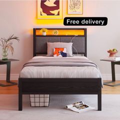 3ft Single Bed Frame with Storage Headboard,LED Lights,Metal Upholstered Platform Bed Frame with Charging