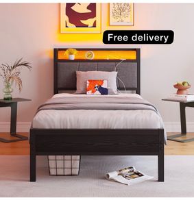 3ft Single Bed Frame with Storage Headboard,LED Lights,Metal Upholstered Platform Bed Frame with Charging