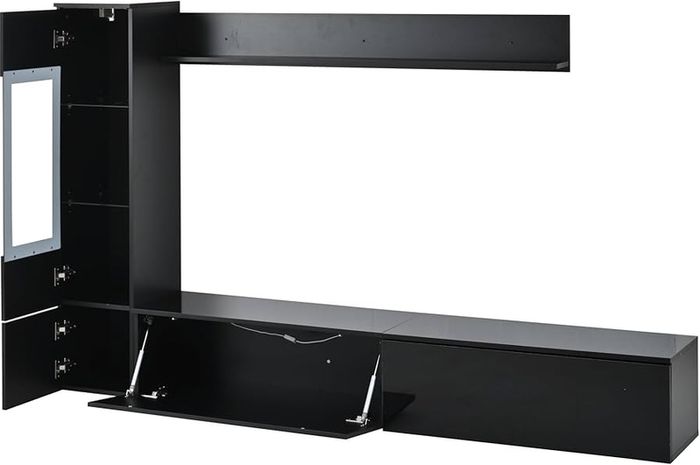 3-Piece with LED Lighting, High Gloss Black - Living Room Furniture Set with TV Lowboard, Display Case & Wall Shelf, Modern, for Large TVs up to 79 Inches Black