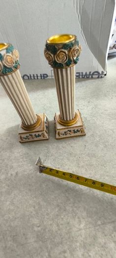 Vintage Pair of candlesticks shabby chic, resin pillar with roses
