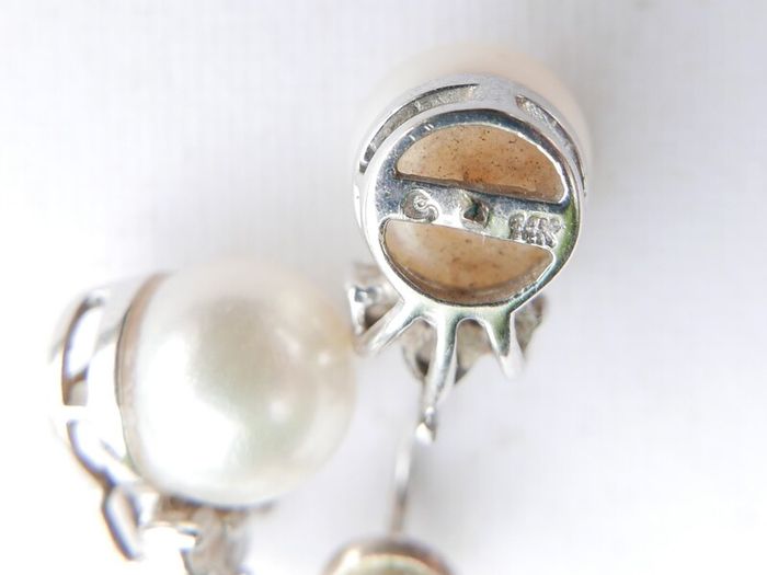Vintage 14k Solid White Gold Round Bead Cultured Pearl Diamond Earrings 3,37g