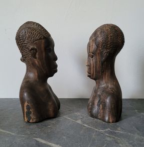 Vintage pair of carved african tribal ironwood busts