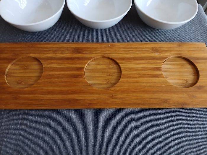 Bamboo tray with 3 bowls, never used