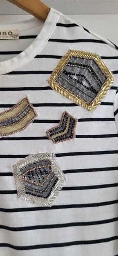 M&S Indigo Striped Tee with Embellished detail Sz 14UK (Rrp 39)
