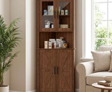 170cm Tall Corner Storage Cabinet, 5-Tier Farmhouse Corner Cabinet for Living Room,2 Wooden Doors,2 Glass Door and 5 Shelves,Space Saving Freestanding Sideboard for Home,Kitchen,Brown