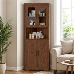 170cm Tall Corner Storage Cabinet, 5-Tier Farmhouse Corner Cabinet for Living Room,2 Wooden Doors,2 Glass Door and 5 Shelves,Space Saving Freestanding Sideboard for Home,Kitchen,Brown