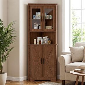 170cm Tall Corner Storage Cabinet, 5-Tier Farmhouse Corner Cabinet for Living Room,2 Wooden Doors,2 Glass Door and 5 Shelves,Space Saving Freestanding Sideboard for Home,Kitchen,Brown